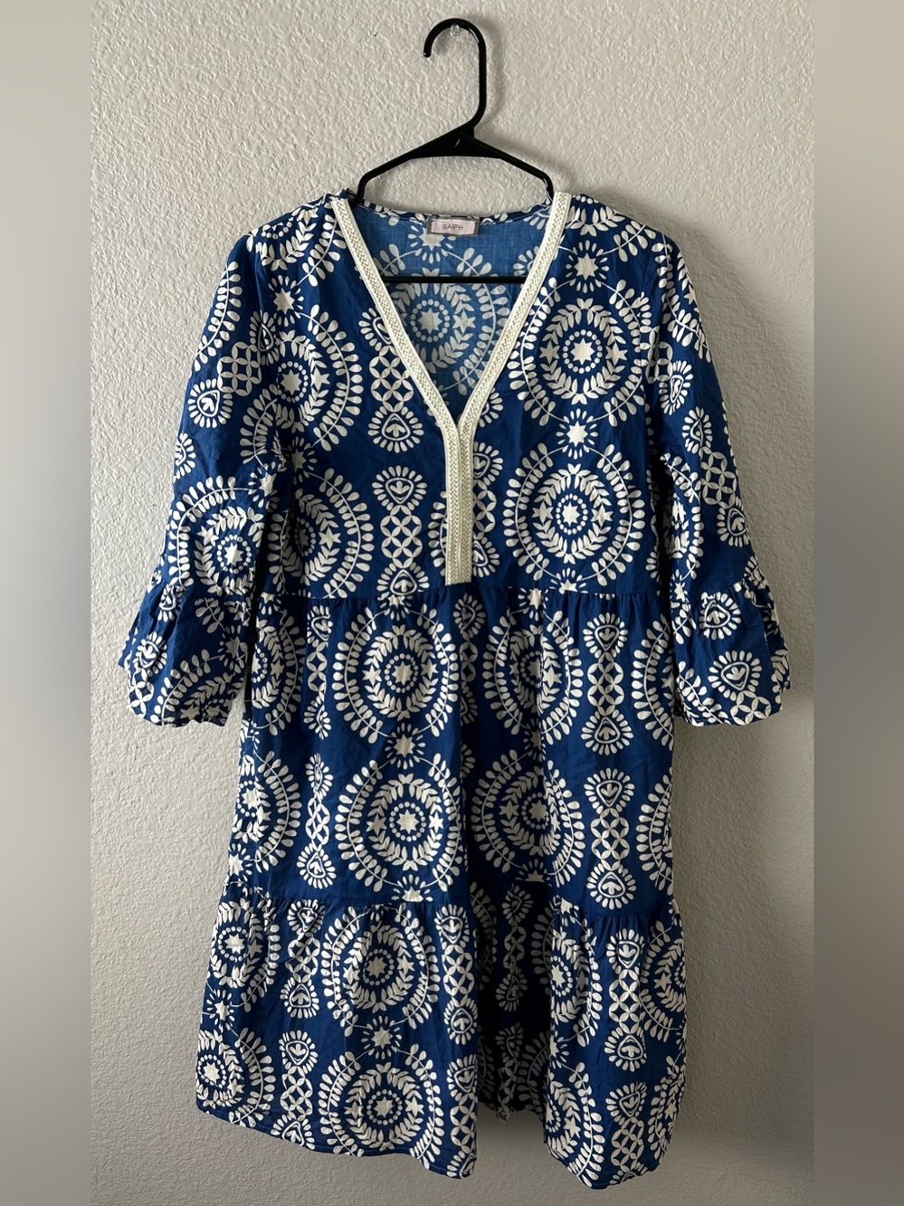 SAIPH Women’s Blue White Printed Tunic MidiDress Sz L Cotton Boho Chic TC0499